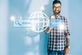 smiling developer pointing at website