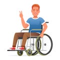 Smiling disabled person in a wheelchair. A man sits in a wheelchair and calls for a sign of victory and peace