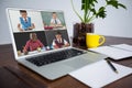 Smiling diverse elementary school pupils during class on laptop screen