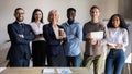 Smiling diverse employees posing for corporate portrait in office together