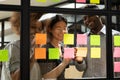 Smiling multiracial colleagues develop project on sticky notes