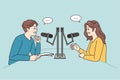 Diverse people talk in microphones at radio