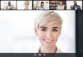 Smiling diverse people talking making online videochat, screen interface view Royalty Free Stock Photo