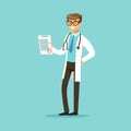 Smiling doctor character standing and holding medical notepad with prescription vector Illustration Royalty Free Stock Photo