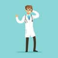 Smiling doctor character standing and talking on the mobile phone vector Illustration Royalty Free Stock Photo