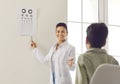 Smiling ophthalmologist testing child& x27;s eyesight and pointing at the eye chart on the wall