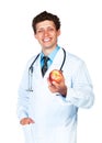 Smiling doctor holding red apple on white Royalty Free Stock Photo