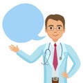 Smiling doctor with speech bubble. Happy physician. Vector