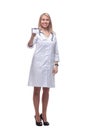 smiling doctor with a stethoscope showing her visiting card . Royalty Free Stock Photo