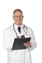 Smiling doctor on white with clipboard