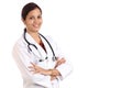 Smiling doctor woman with arms crossed against white background Royalty Free Stock Photo
