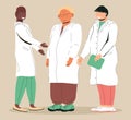 Smiling doctors, nurses vector. Pharmacist helps to buy medication. Paramedics in uniform.