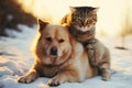 Smiling dog and content cat pose together, embodying friendships warmth