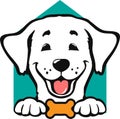 Smiling dog face and home symbol as logo, icon or pet design template. happy white puppy  with tongue emblem Royalty Free Stock Photo