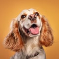 Cheerful Spaniel Dog In Volumetric Lighting On Orange Background