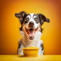 Smiling dog happy with food on a yellow background, generative AI Royalty Free Stock Photo