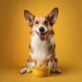 Smiling dog happy with food on a yellow background, generative AI Royalty Free Stock Photo