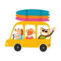 Smiling dog, monkey and fox friends going on vacations by yellow vintage car