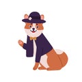 Smiling dog shiba inu breed wearing suit with bow and hat vector flat illustration. Friendly fashion domestic animal