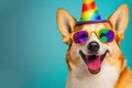 Smiling dog wearing rainbow glasses, lgbt pride parade, generative AI