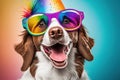 Smiling dog wearing rainbow glasses, lgbt pride parade, generative AI