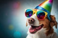 Smiling dog wearing rainbow glasses, lgbt pride parade, generative AI