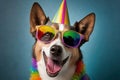 Smiling dog wearing rainbow glasses, lgbt pride parade, generative AI