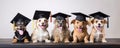 Smiling Dogs In Graduation Hats, White Background