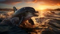 Smiling dolphin jumping in sunset, playful and cheerful underwater generated by AI Royalty Free Stock Photo