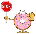 Smiling Donut Cartoon Character With Sprinkles Holding A Stop Sign Royalty Free Stock Photo