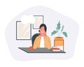 Smiling dreaming woman working at home isolated on white background. Happy dreamy character with thought bubble. Vector