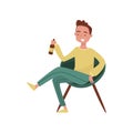 Smiling drunk young man cartoon character, guy sitting in chair with bottle of beer in his hands vector Illustration on
