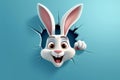 Smiling Easter Bunny with long ears peeking from a hole in light blue wall. Banner, greeting card, poster with copy space Royalty Free Stock Photo