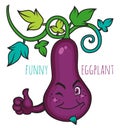 Smiling eggplant with leaves, twigs shows thumbs