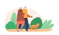 Smiling Elderly Couple Characters Walking With Dog at Park. Happy Mature Man and Woman Talking, Spending Time Together Royalty Free Stock Photo