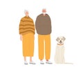 Smiling elderly couple, dog. Senior woman and man with gray hair wearing fashionable casual clothes. Dog Labrador sits Royalty Free Stock Photo