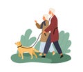 Smiling elderly couple walking with dog at park vector flat illustration. Happy mature man and woman talking spending