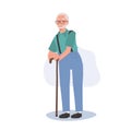 Smiling Elderly Lady with Cane stick. Elderly Smiling Woman, Grandfather Lifestyle. Flat vector cartoon illustration