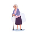 Smiling Elderly Lady with Cane stick. Elderly Smiling Woman, Grandmother Lifestyle. Flat vector cartoon illustration