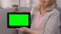 Smiling elderly lady showing tablet with green screen, fast crediting online