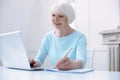 Smiling elderly lady working at the laptop