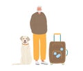 Smiling elderly man with suitcase and dog. Elderly man Traveling with Luggage. Senior Tourist Male Character wearing