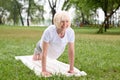 smiling elderly woman doing plank on yoga mat Royalty Free Stock Photo
