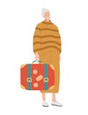 Smiling elderly woman with suitcase. Elderly Woman Traveling with Luggage. Senior Tourist Female Character with gray