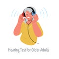 Smiling eldery woman wearing headphones,making hearing test.Vector flat