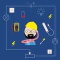 Smiling electrician in a flat style. Electric appliances. Vector illustration. Royalty Free Stock Photo