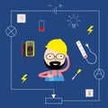 Smiling electrician in a flat style. Electric appliances. Vector illustration.