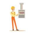 Smiling electrician screwing equipment in fuse box, electric man performing electrical works vector Illustration