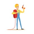 Smiling electrician in uniform holding a wire roll and a drill, electric man performing electrical works vector