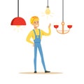 Smiling electrician in uniform installing chandeliers, electric man performing electrical works vector Illustration